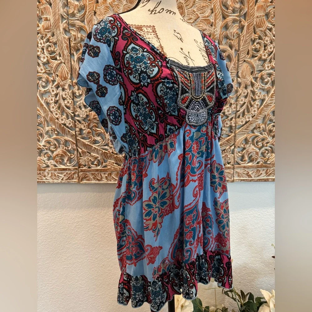 One World Blue & Pink Babydoll, Embroidered chest Top, Loose Boho Chic- size L - Picture 3 of 14